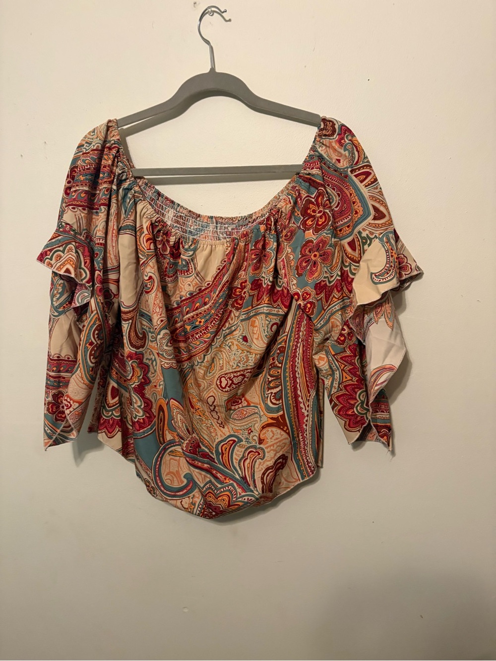 SHEIN Paisley Off-Shoulder Blouse in Beige, Teal and Red
